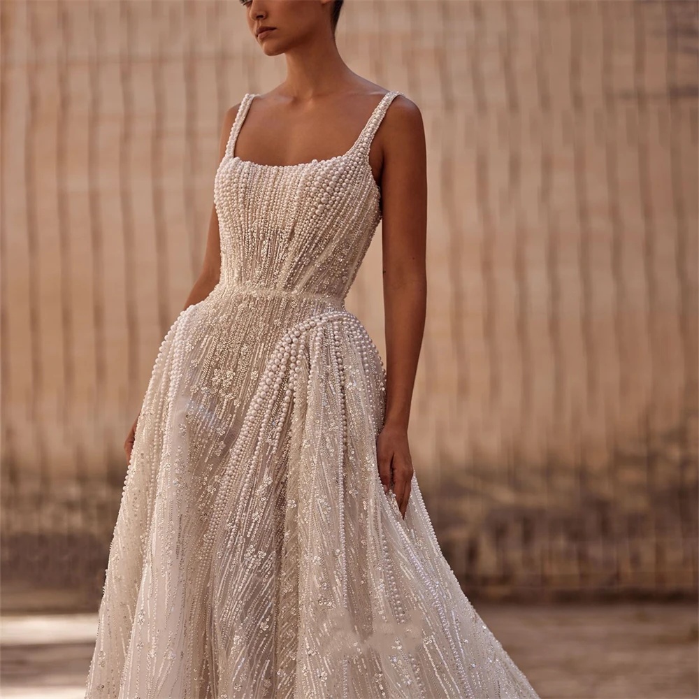 Gorgeous Bridal Dress Sequins Pearls Wedding Square Neck Sleeveless A e Gown Sweep Train Customized Dresses Vestido De Novia