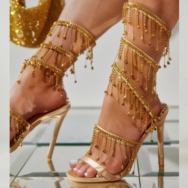 Eilyken Golden Crystal Womens Sandals Fashion String Bead Nightclub Stiletto Heel Wrap Strap Peep Toe Summer Shoes 241213