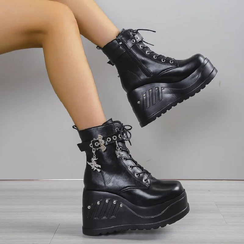 2024 Womens Fashion Boots Selling Punk Gothic Platform High Heels Wedge Womens Casual Gothic Punk Size 43 Womens Shoes 241213