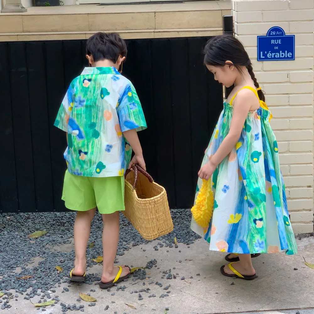 Brother T-shirt sisters dress Summer 2023 Boys and girls Korean ink painting pause clothing Family matching clothing sisters appearance S2548