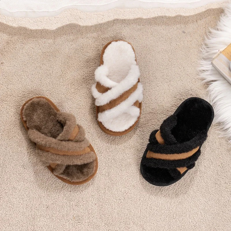 Winter Childrens Slippers Simple Fashion Girls Mules Slippers Open-toe Soft Kids Causal Boys Warm Home Slippers Furry Hairy 241223