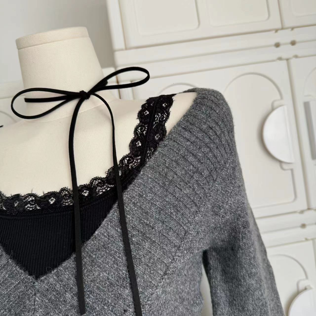 Autumn Winter Woman Gyaru Coquette V-Neck French Vintage Sweater Long Sleeve Pullovers Knitwears 2000S Aesthetic Old Money Thick
