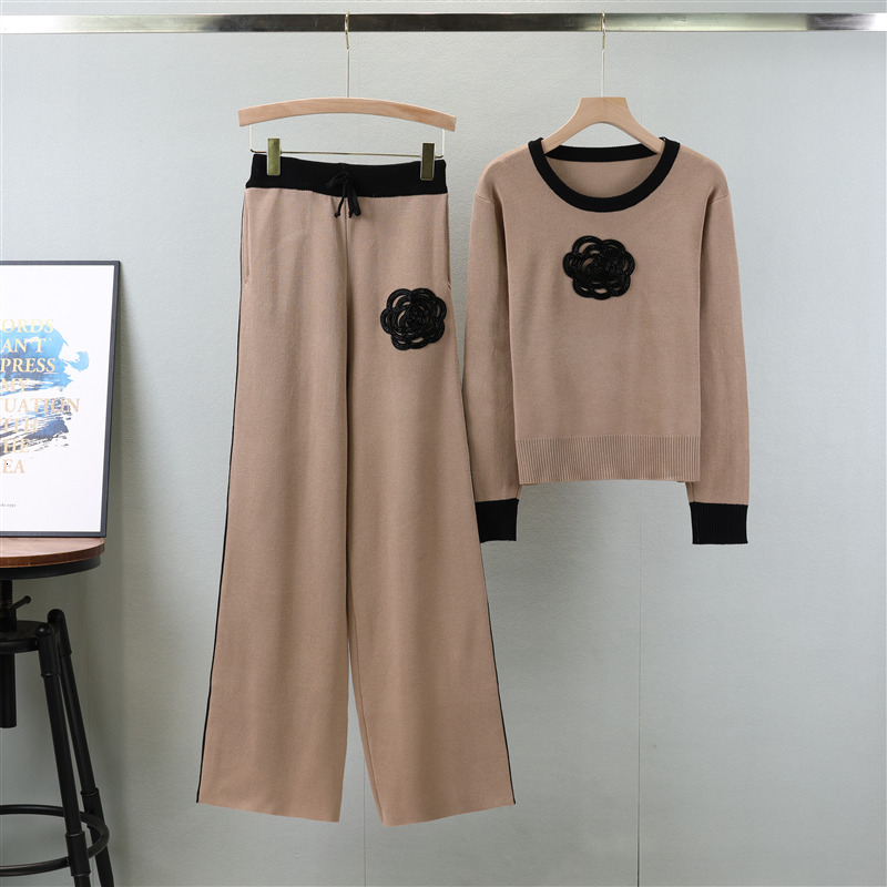 new Autumn New Knitted Loose Women Pant Suits O Neck Female Pullover Suit Fashion Wide Leg High Waist Pants Set
