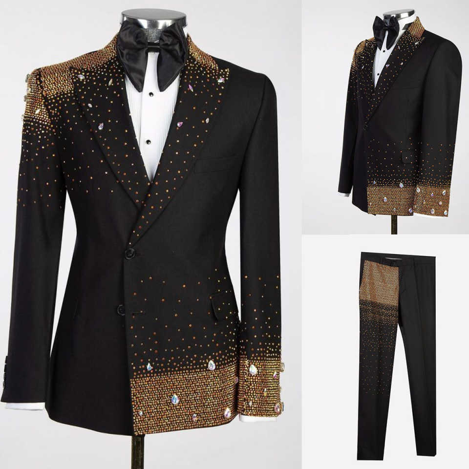 Two Pieces Handsome New Fashion Groom Wedding Tuxedos Men Suits Jacket Two Button Customized Peaked Lapel Pockets Bridegroom Tailor Made Coat Pants