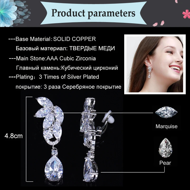 BeaQueen Stunning Cubic Zirconia Water Drop Stone No Hole Clip On Earrings Long Women Wedding Non Pierced Ear Jewelry E185 241220