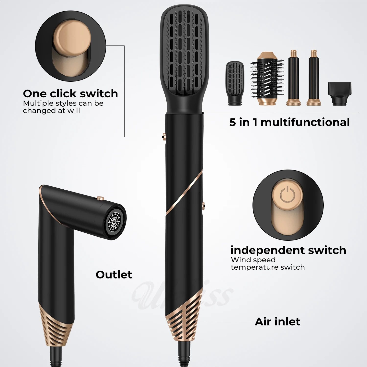 Hair Dryer Brush 5 in 1 Multifunctional Electric Comb Negative Ion Straightener Comb Curling Iron Detachable Hair Dryer 241223