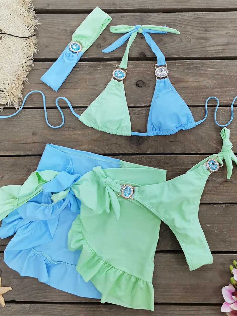 Sexy Skirt 4 Pieces Bikini Set Women Luxury Blue Patchwork Rhinestone Push Up Cover Up Swimsuit 2024 Beach Bathing Suit SwimwearXJ241223
