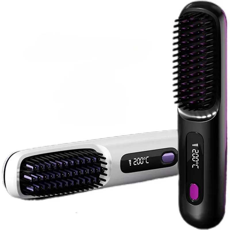 Electric LCD Usb Ceramic Heating Straight Hair Comb Wireless Portable Negative Ion Styling Tool Rechargeable Straightening Brush 241121