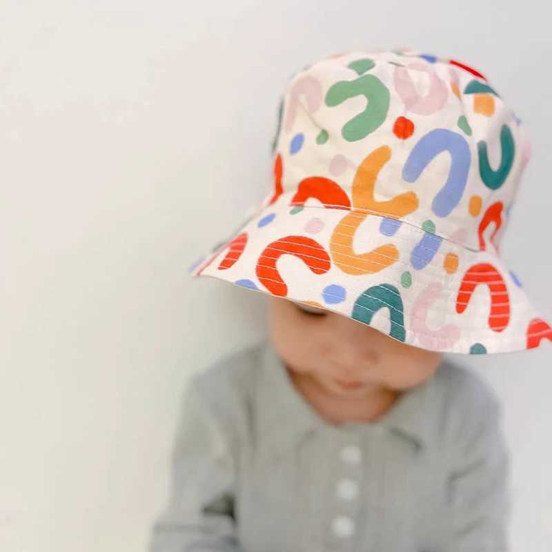 Caps Hats Double sided baby bucket hat with cute embroidered letters for children boys and girls fishermans Panama hat summer outdoor childrens sun ha