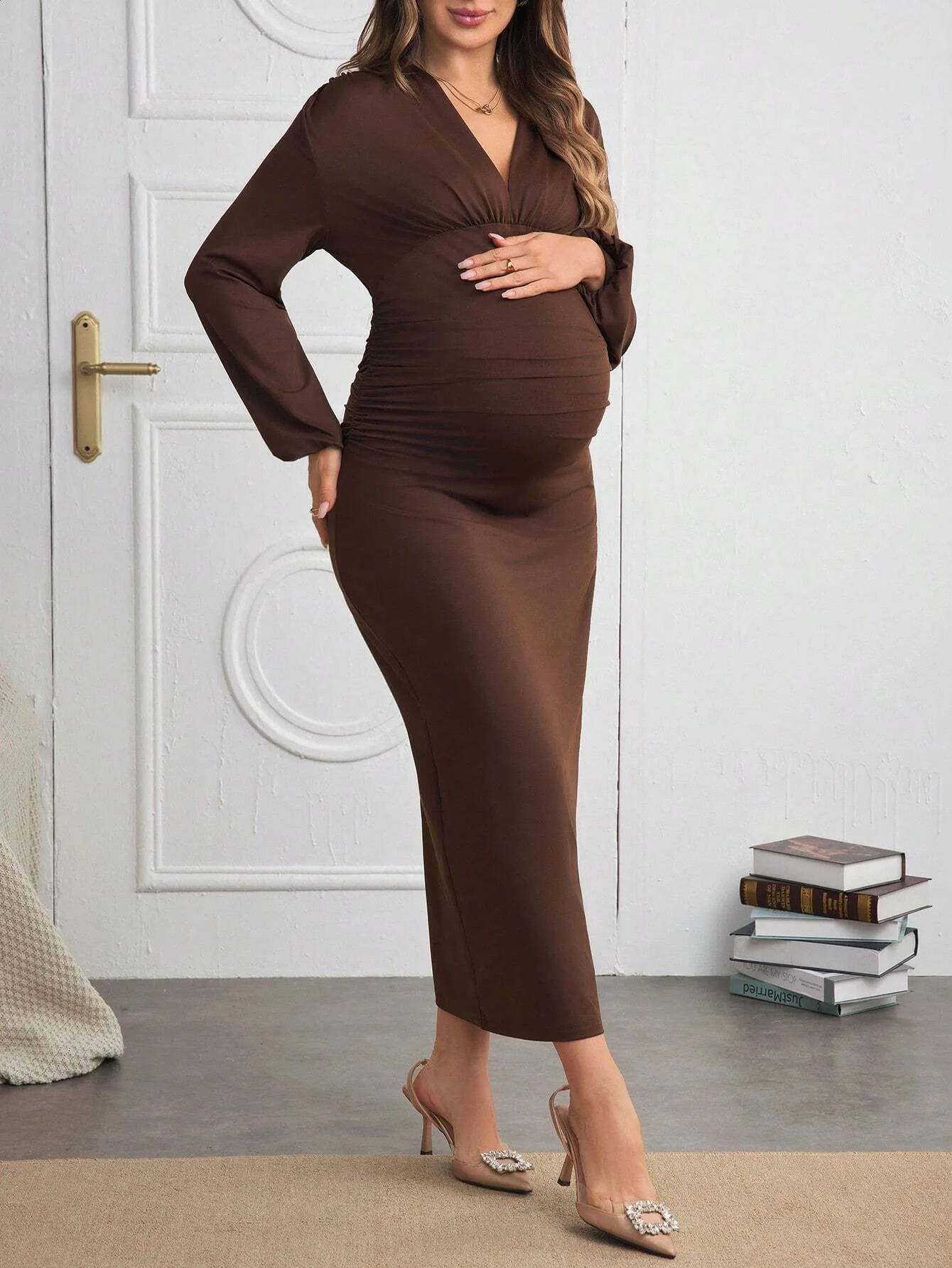 Casual Long Sleeve Dresses For Pregnant Women Spring V-Neck High Waist Poshoot Dress Maternity Maxi Boho Vestidos Clothes 241223