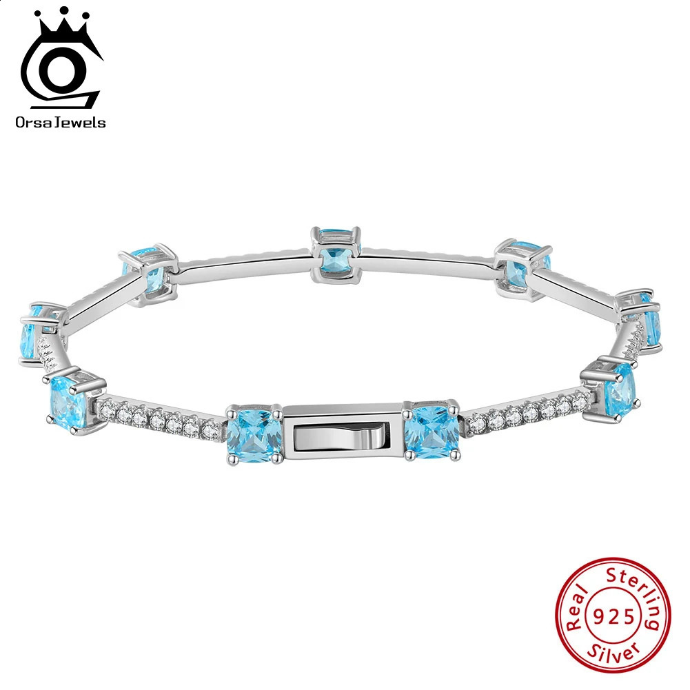 ORSA JEWELS Elegant Created Aquamarine CZ Chain Bracelet 925 Sterling Silver 5A Zircon Tennis Bracelet for Women Jewelry LZB03 241214