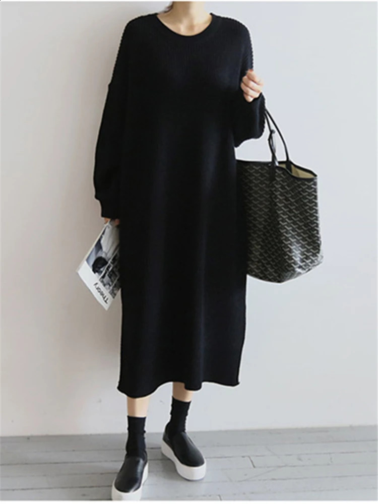 REALEFT Autumn Winter Oversize Womens Knitted Dresses ONeck Side Split Loose Long Sleeve Sweater Dress Female 241218