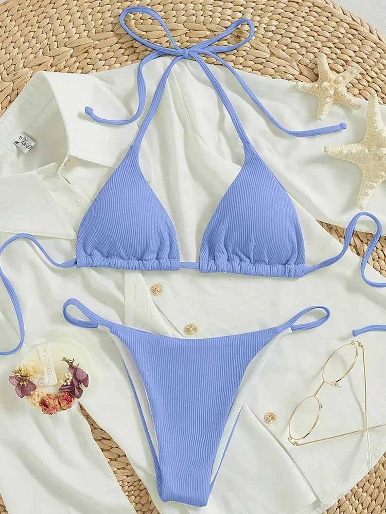 OIINAA Bathing Suit Women Sexy Solid Halter Swimsuit Special Stripe Fabric Bikini Set Drawstring Lace Up Two-piece Split BiquiniXJ241223