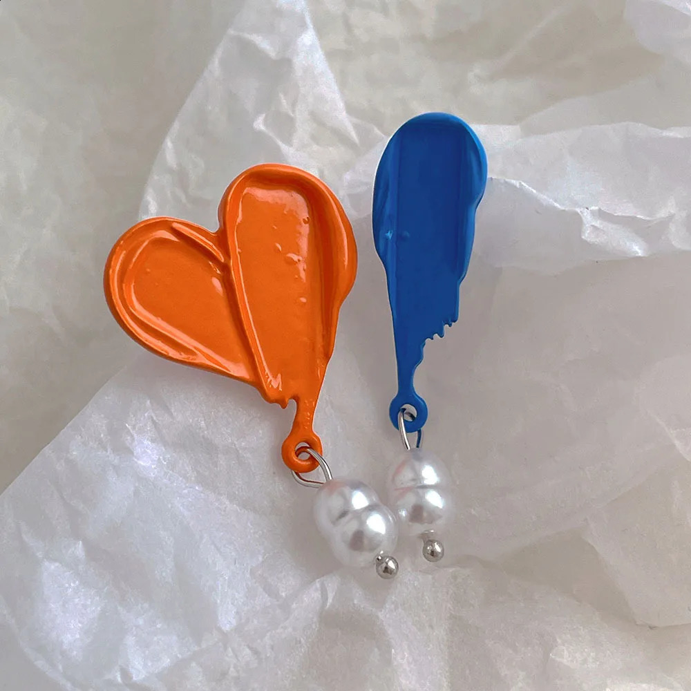 Colorful Asymmetrical Metal Pearl Drop Earrings for Women Simple Unique Fashion Party Jewelry Accessories 241223