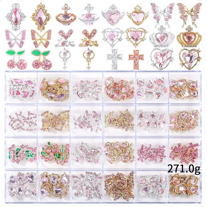 24 Grids Mix Style Heart Butterfly Cherry Planet Stars Gun Nail Art Y2K Charms Nail Rhinestones Crystal Decorations Accessories 241220