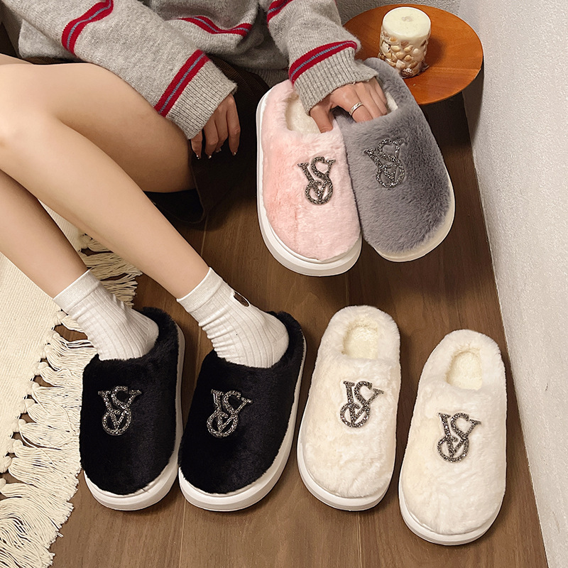 Baotou Hairy Cotton Versatile Autumn And Winter New Warm Home Bright Diamond Slippers Fashionable Women's Shoes For Wearing Outside
