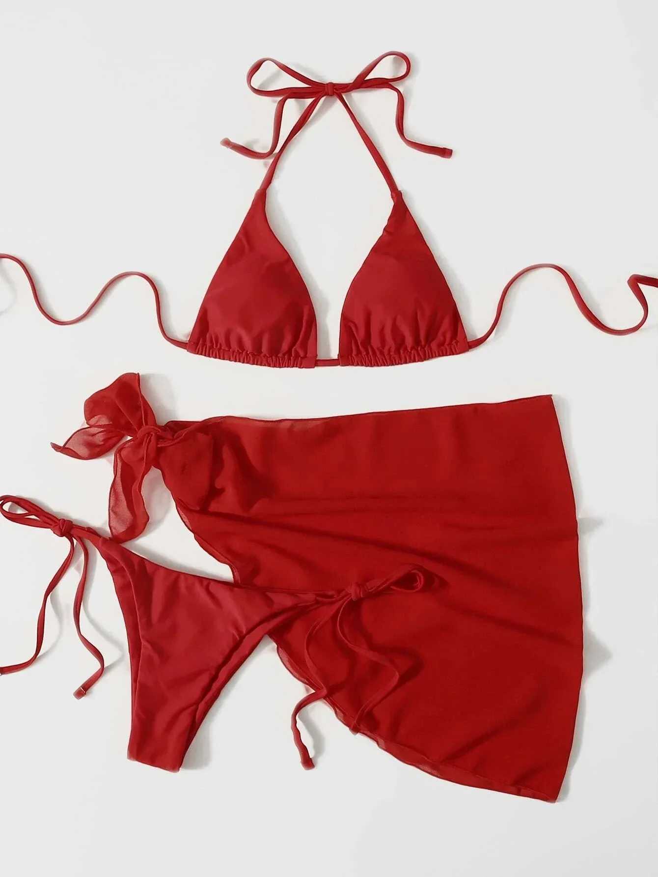 2024 Womens High Waist Bikini Halter Cut Out Skirt Swimsuit Brazilian Bathing Suit Sexy Swimwear Solid Red 3 PieceXJ241223