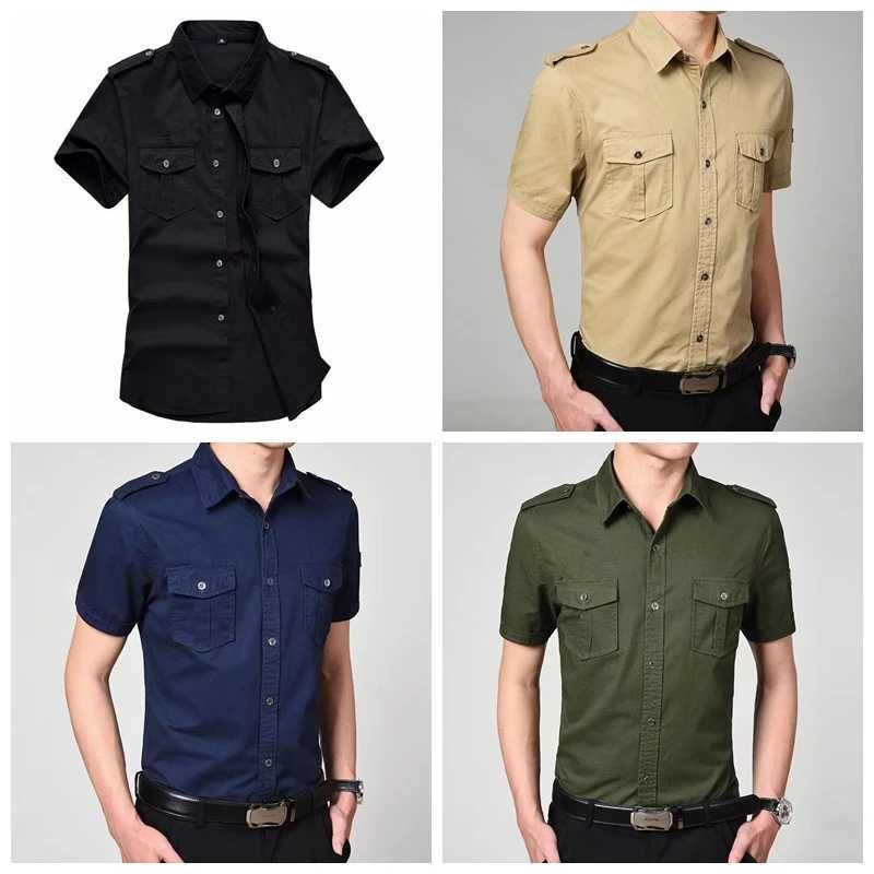 Military shirt mens casual fashion clothing cotton short sleeved retro solid black simple direct shipping W241223