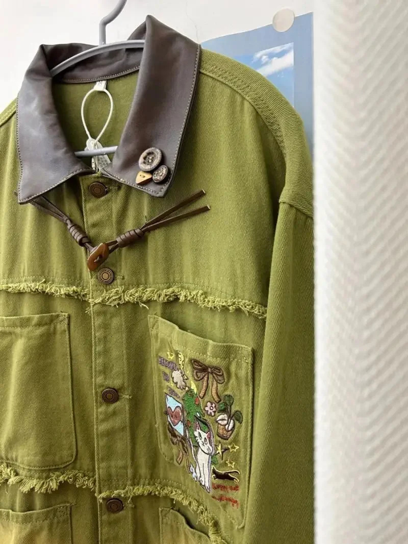 Y2k green embroidery plus size denim jacket for womens spring/summer feeling jacket baseball uniform sports trend 241219