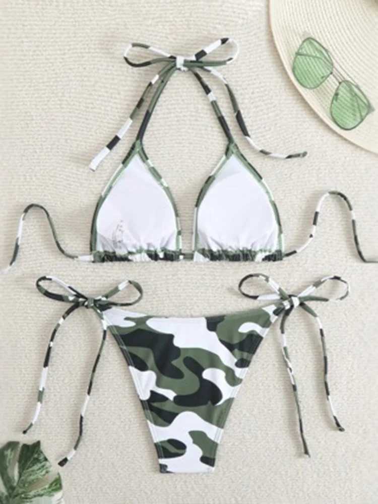 OIINAA Sexy Swimwear Women Bikinis Set Camouflage Printed Two-pieces Female Swimwear Lace Up Fashion Bathing Beachwear HolidayXJ241223