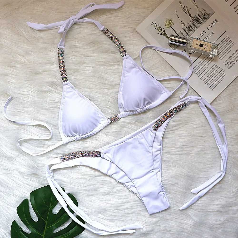 Luxury Rhinestone Bikini Women 2025 Sexy Orange Yellow Crystal Diamond Push Up Thong Swimsuit Beach Bathing Suit Tanga SwimwearXJ241223