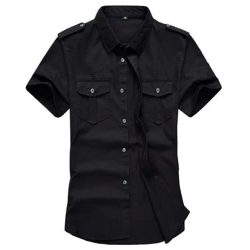 Military shirt mens casual fashion clothing cotton short sleeved retro solid black simple direct shipping W241223