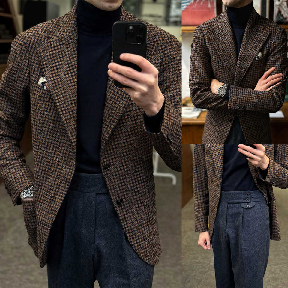 Trim Fit Check Wedding Tuxedos Wool Blends 1 Piece Set Coat Notched Lapel Men Suits Single Breasted Groom Wear Party Event Customized