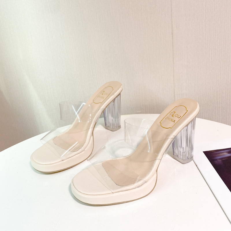 free shipping designer shoes Summer New One Word Transparent Strap Women's Large Square Head Thick High Heel Drag Sandals