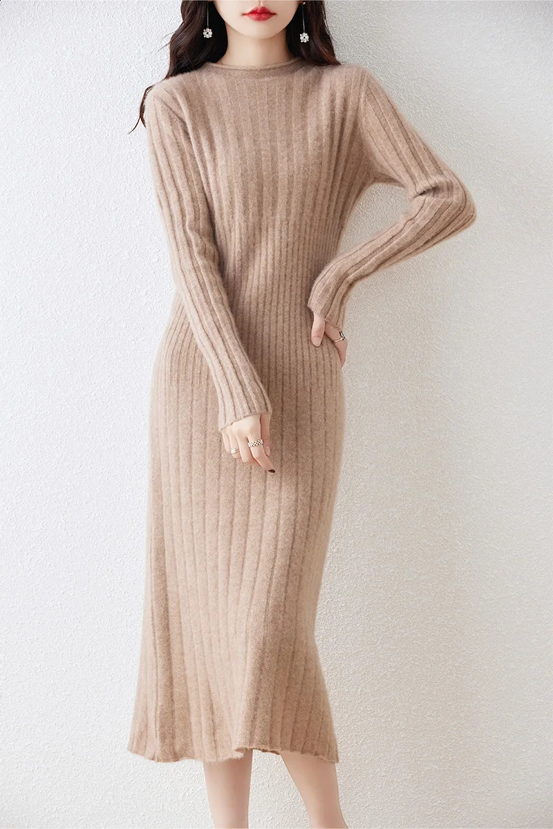 100% Merino Wool Long Sweater Dress Autumn And Winter Womens Striped Round Neck Pleated Skirt Pullover 241218