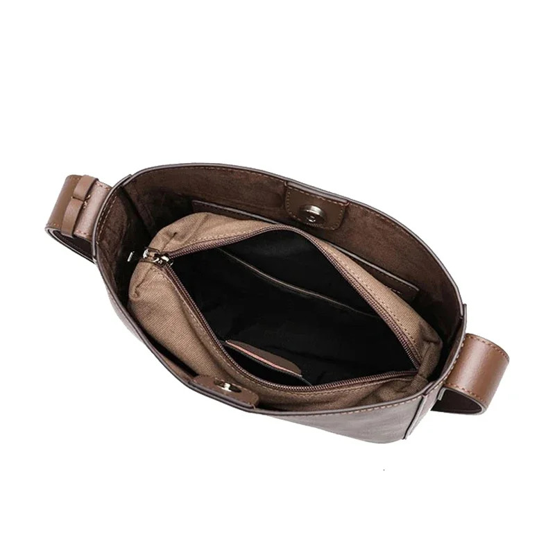 Minimalist Japan Korean Style Solid Color Bucket Tote Dark Brown Cowhide Leather Women Shoulder Winter Crossbody Bag