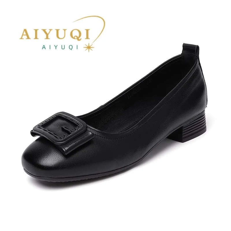 AIYUQI Women's Beanie Shoes Autumn Genuine Leather Women's Shoes Mid-Heel Non-slip Mommy Shoes Women