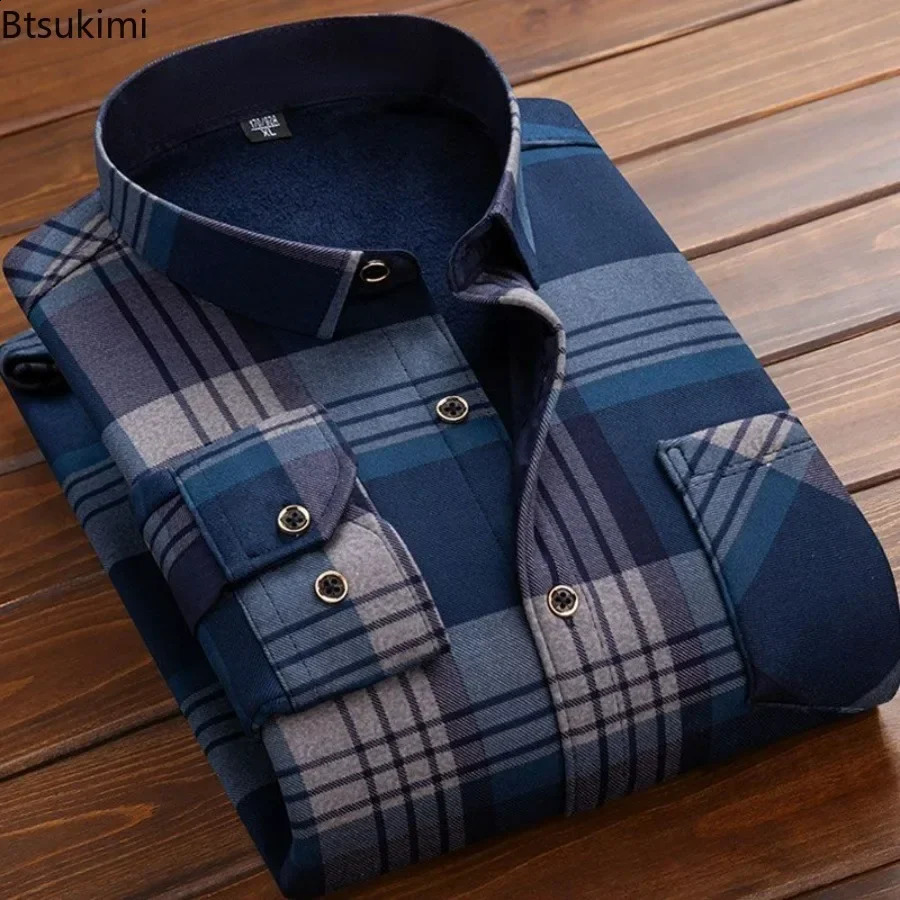 Mens Fleece Warm Long Sleeve Shirts Casual Slim Men Business Office Shirt Tops 2025 Fashion Laple Plaid Thick Shirt for Men 241223