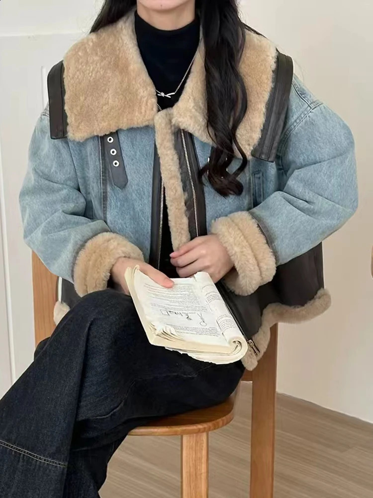 DEAT Fashion Integrated Fur PU Leather Patchwork Denim Jacket Womens Lapel Loose Zipper Motorcycle Jackets Winter 241220