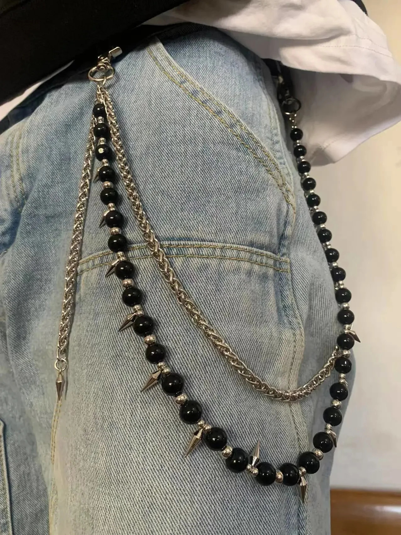 Dark punk style double layered jeans chain n with beaded spikes tassel waist chain niche bag chain 241220