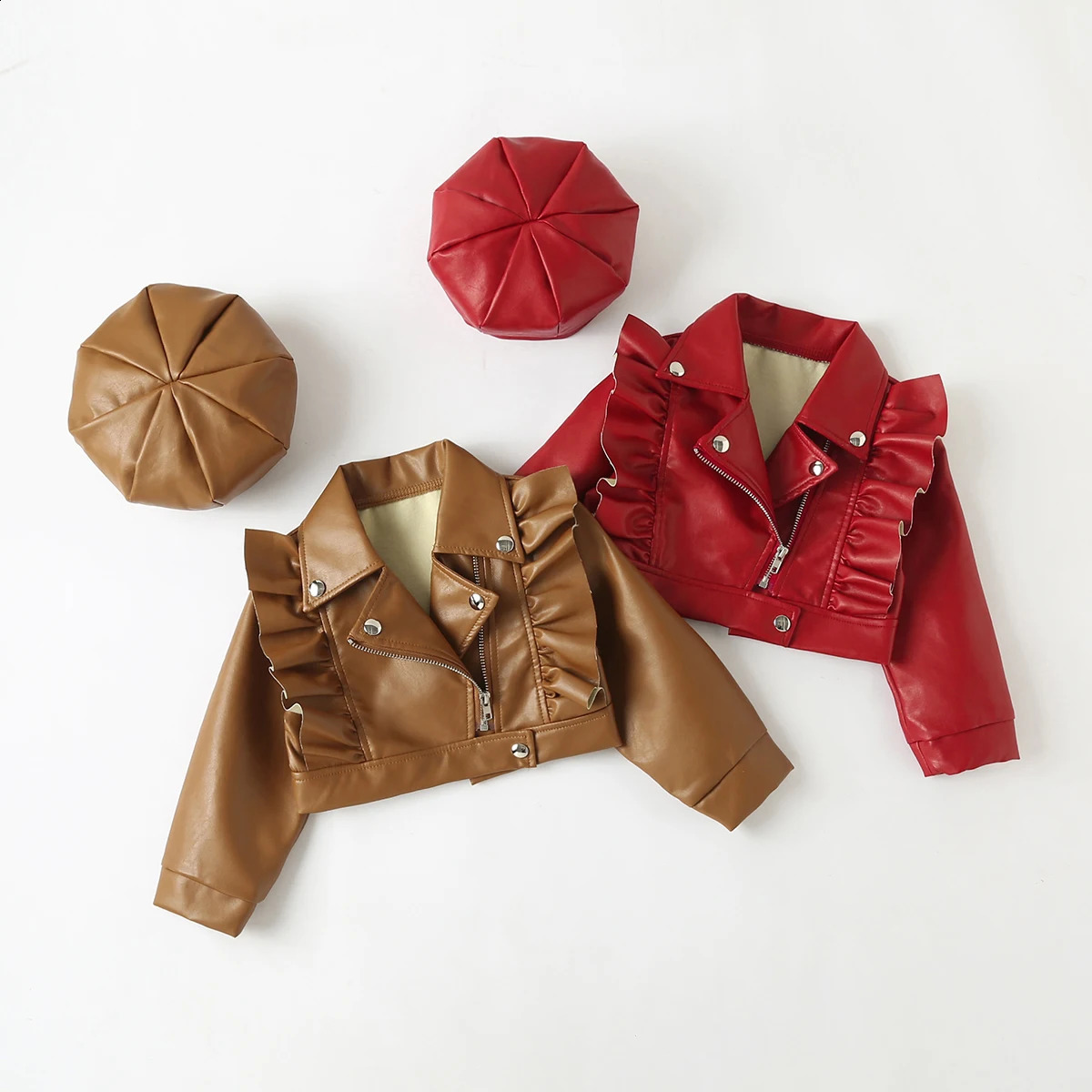 hibobi Toddler Solid Color Lapel Leather Hat Baby Girl Spring Autumn Winter PU Coat Fashion Leather Jackets For Kid 1-7Y 241223