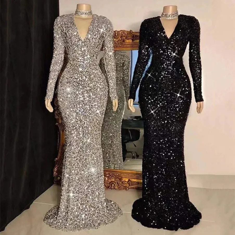 Customized Women Gray V Neck Long Sleeve Sequin Dress Elegant Evening Dress Party Maxi Dress Ladies Trailing Dresses 241217