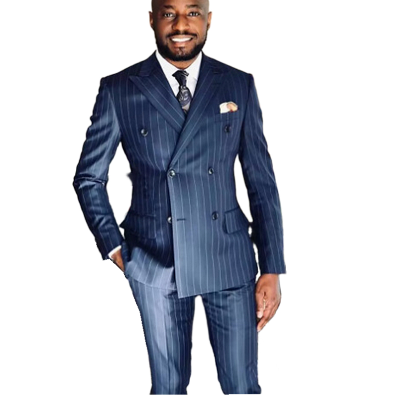 Rope Stripe Wedding Tuxedos Slim Fit 2 Pieces Groom Wear Navy Blue Double Breasted Men Suits Dinner Prom Party Blazer Jacket and Pants