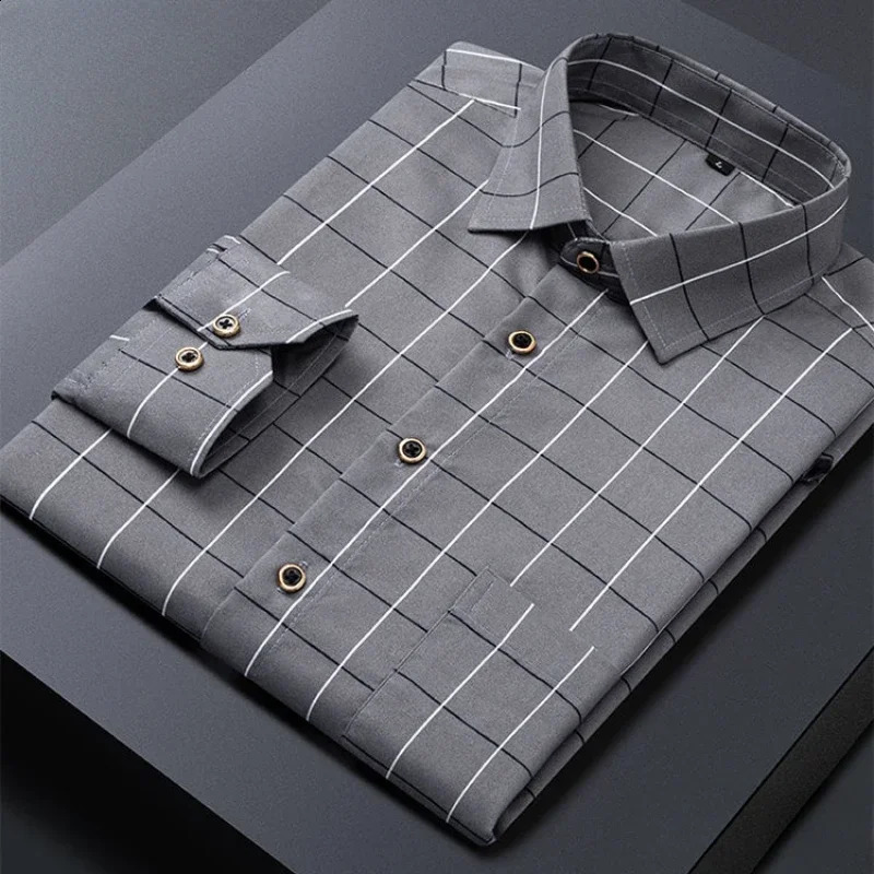 Mens Striped Shirts Formale Casual Printed Plaid Shirt Long Sleeve Slim Fit Botton Down Male Office Business Dress Shirt M-5XL 241223