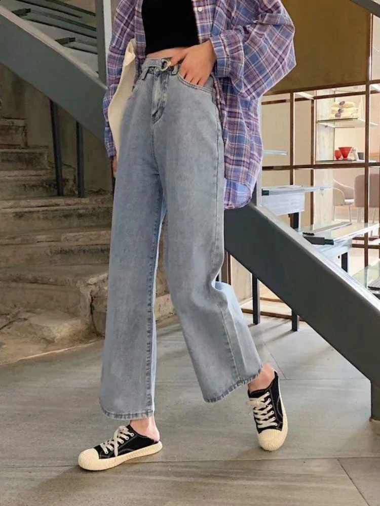 Baggy Jeans Women Simple High Waist Allmatch Korean Fashion Straight Wide Leg Trousers Couples Autumn Slacks Cowgirl Casual 241218