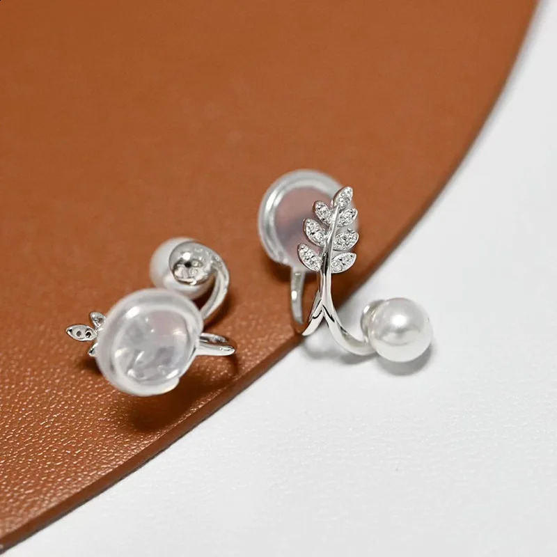 MeiBaPJ 6.5-7mm Natural White Round Pearls Fashion Leaf Ear Clip 925 Silver Fine Wedding Jewelry for Women 241220
