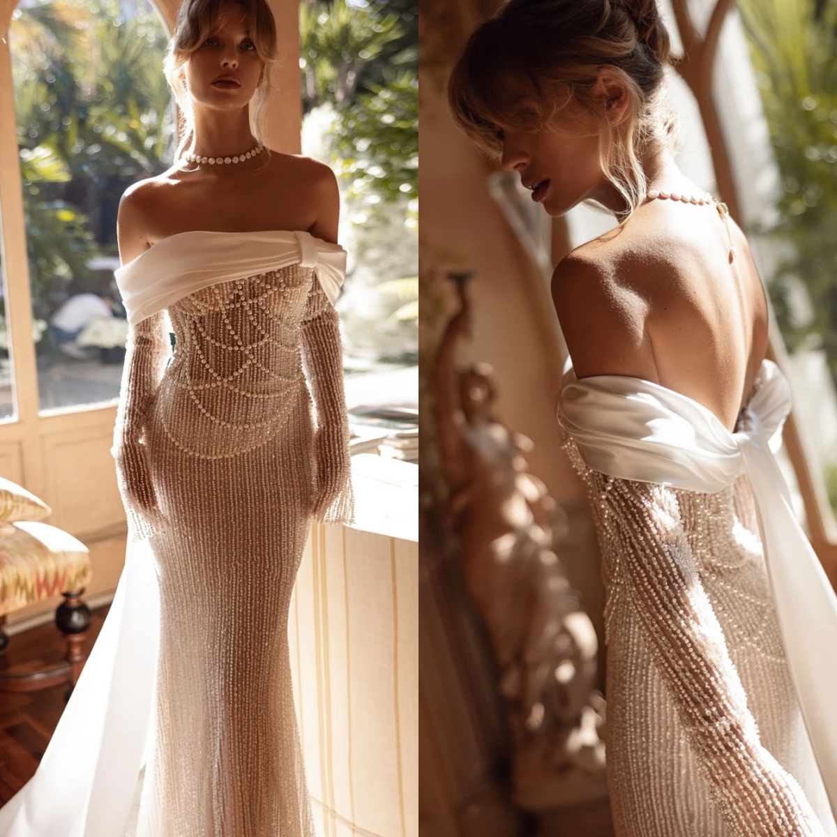 Mermaid Designer Wedding Dresses For Women Off Shoulder Long Sleeves Gown Sequins Pearls Backless Sweep Train Customized Dress 0218