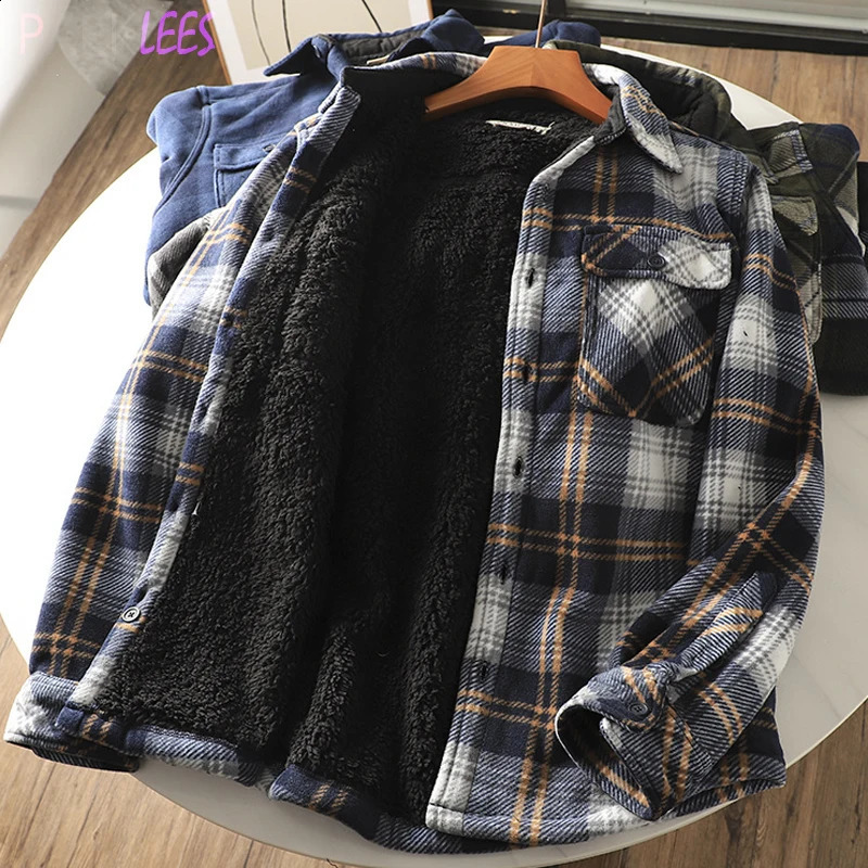 Mens Winter Fleece Linend Warm Plaid Shirt Jacket Casual Long Sleeve Flannel Checked Shirt Men Western Cow Button Up Chemise 241223