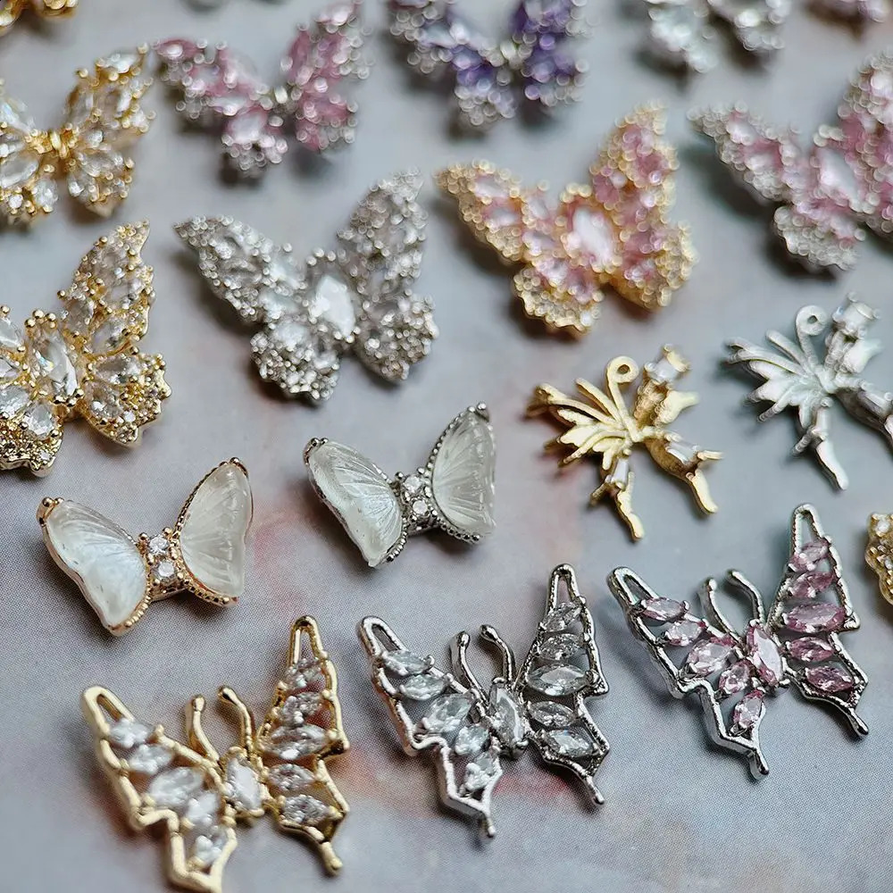 10pcs/lot Large Pink Butterfly Zircon Crystals Metal Nails Jewelry Decorations Nail Art Accessories Charms Parts Supplies 241220