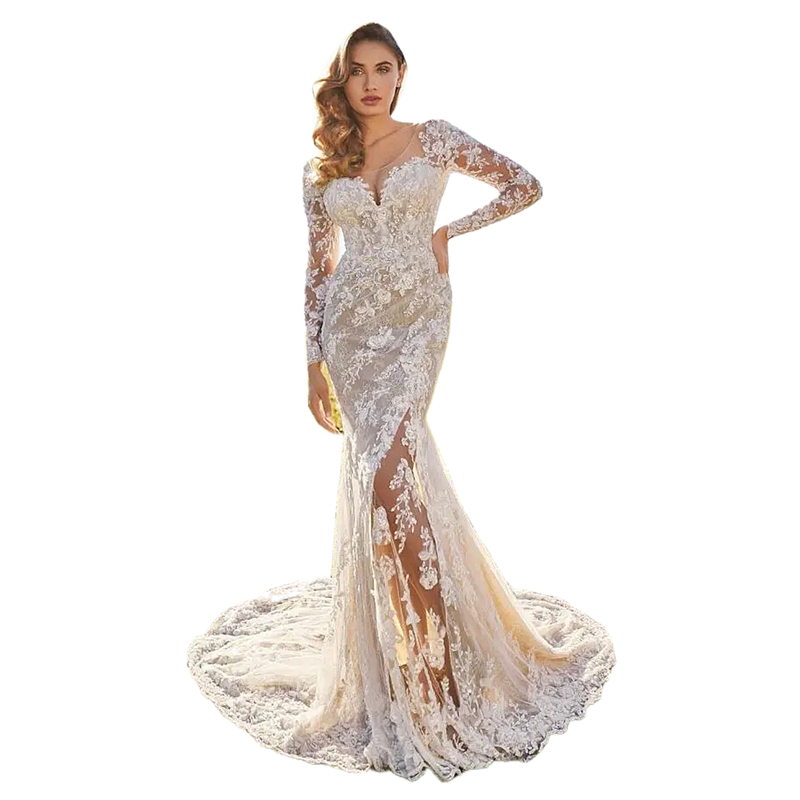 Illusion Side Split Lace Mermaid Wedding Dresses Jewel Neck Long Sleeves Boho Beach Bridal Gowns Open Back Buttons Vintage Counrty Vestido De Novia