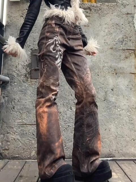 American Retro Washed Printed For Women Fashion Street Hot Girl Micro-Flared Jeans Hip Hop Y2k Trousers