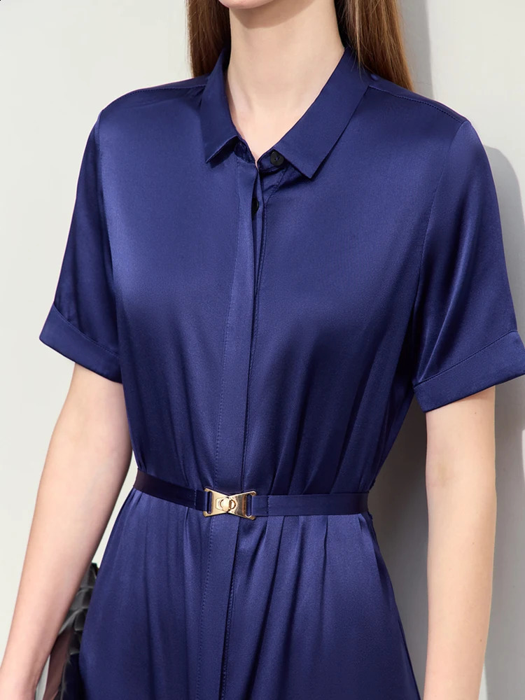 Amii Minimalism Summer Lapel Dress For Women Shortsleeve Mulberry Silk With Belt Office Lady Shirt Dresses 12452107 241218