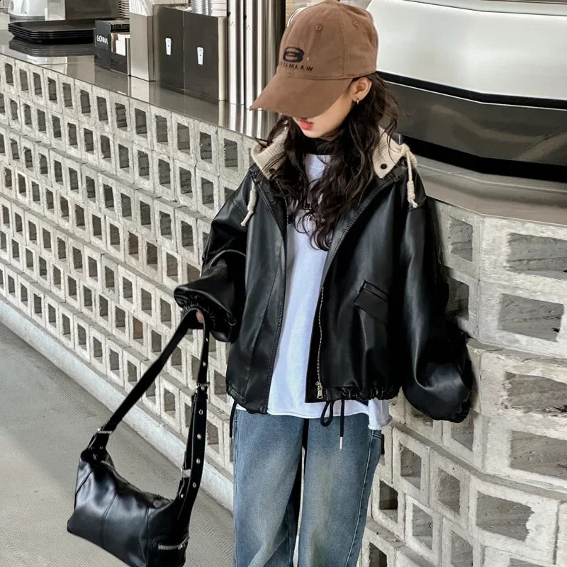 Girls Leather Jacket Hooded Jacket Autumn Stylish Children Clothing Long Sleeved Jacket Top for Baby Girls 241223