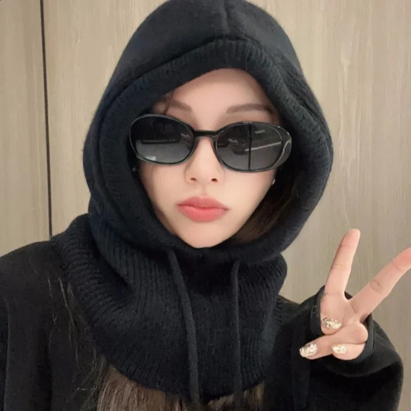 Knitted Hooded Caps Winter Balaclava Hats Women Korean Style Outdoor Warmer Drawstring Hats One-piece Neck Collar Beanies Cap 241214