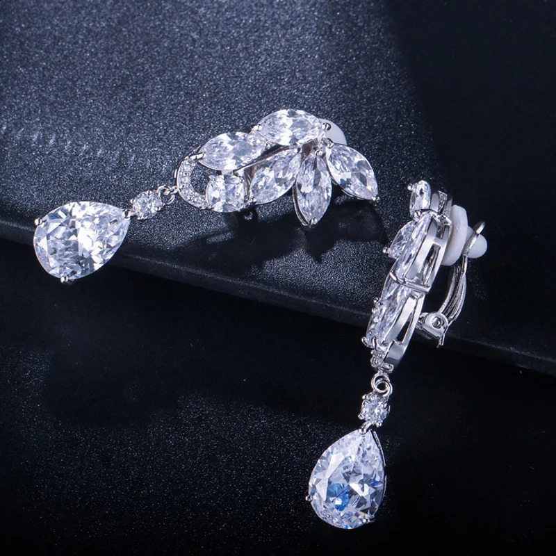 BeaQueen Stunning Cubic Zirconia Water Drop Stone No Hole Clip On Earrings Long Women Wedding Non Pierced Ear Jewelry E185 241220
