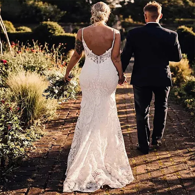 Evish Full Lace Mermaid Wedding Dress Spaghetti Strap Forset Bohemian Bridal Gowns Civil Gatsby Country Bride Dress Gelinlik Robe De Mariage Vestido C